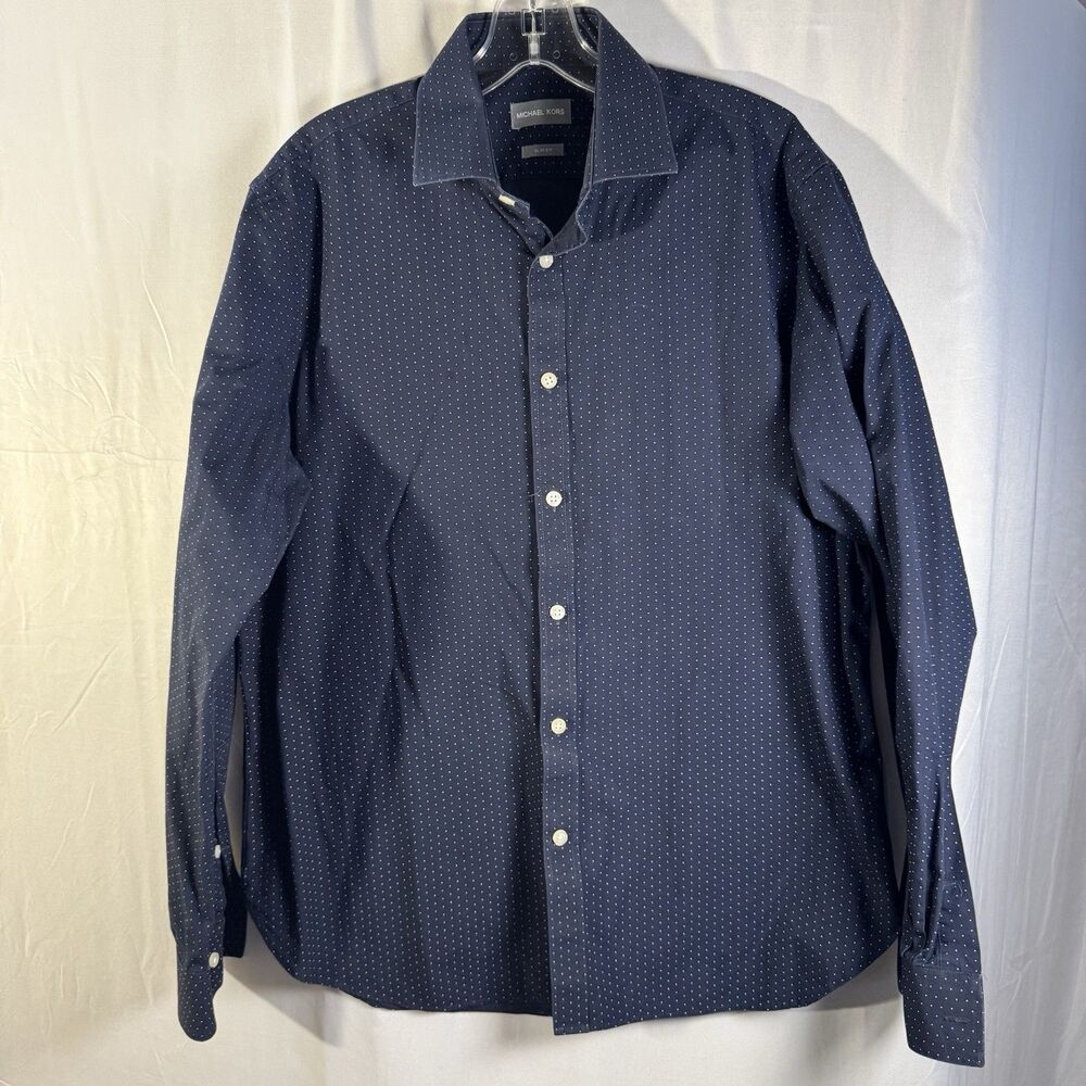 Michael Kors Slim Fit Navy Dot Dress Shirt L 16/34-35 Button Up Career Casual
